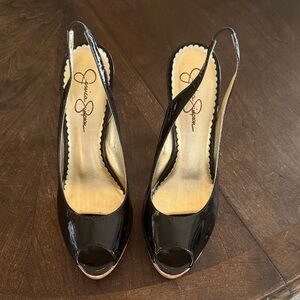 Jessica Simpson Black Patent Peep Toe Slingback Heels